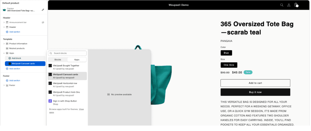 Step 6: Add WeUpsell App Block in Shopify Theme Editor