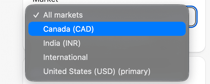Market dropdown showing store markets Canada, India, International, United States
