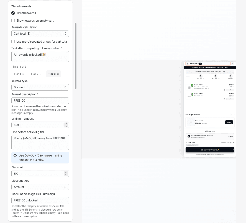 Configuring Tiered rewards and cart drawer milestones for a specific Shopify Market