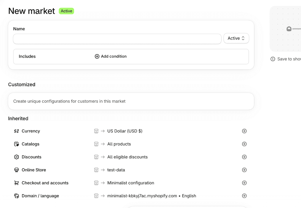 New market form in Shopify Admin showing Name and Add condition button