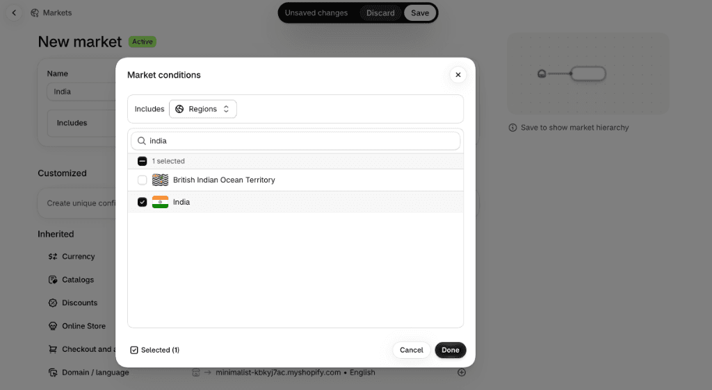 Market conditions modal searching and selecting country then clicking Done and Save