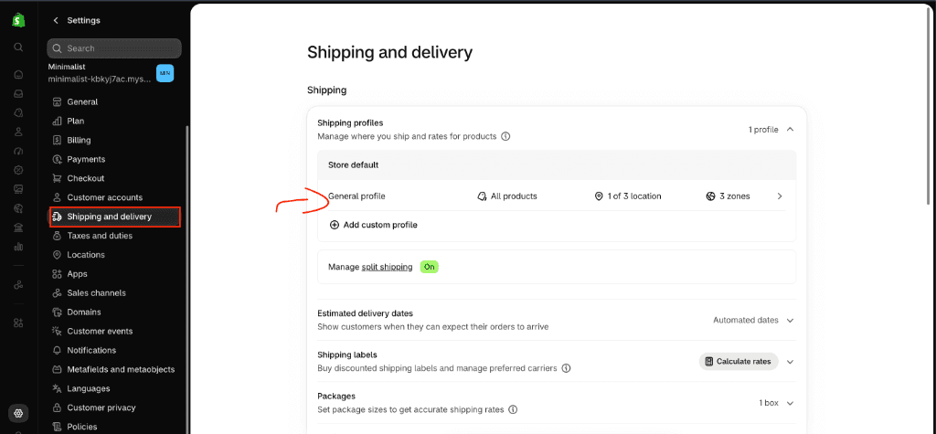 Shopify Admin Settings Shipping and delivery General profile