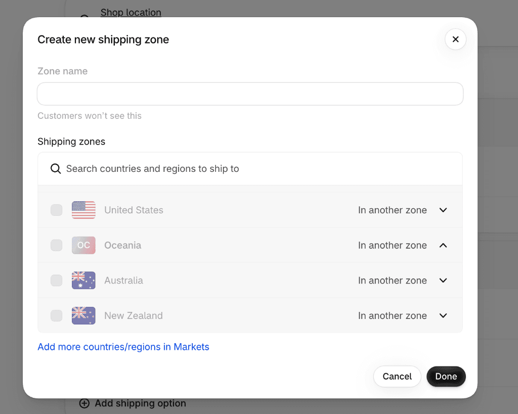 Create new shipping zone modal in Shopify