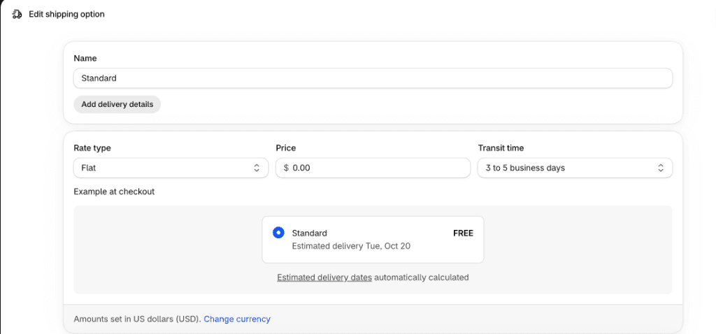 Edit shipping option with flat or free shipping rate
